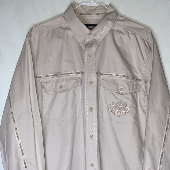 Harley Davidson Motorcycle Khaki Embroidered Long Sleeve Button Down Men Shirt M - Picture 2 of 15